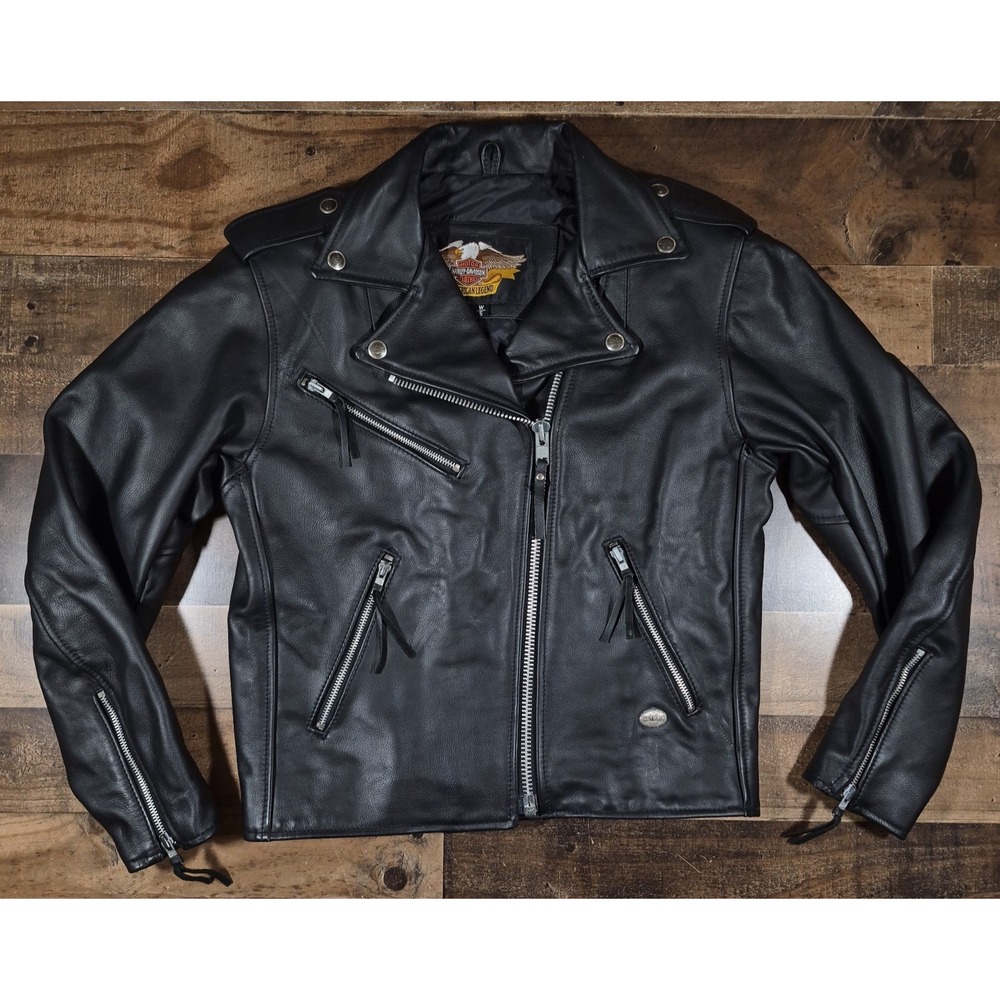 Vintage Harley Davidson Motorcycle Jacket WomenS Small Black Leather Zippers USA